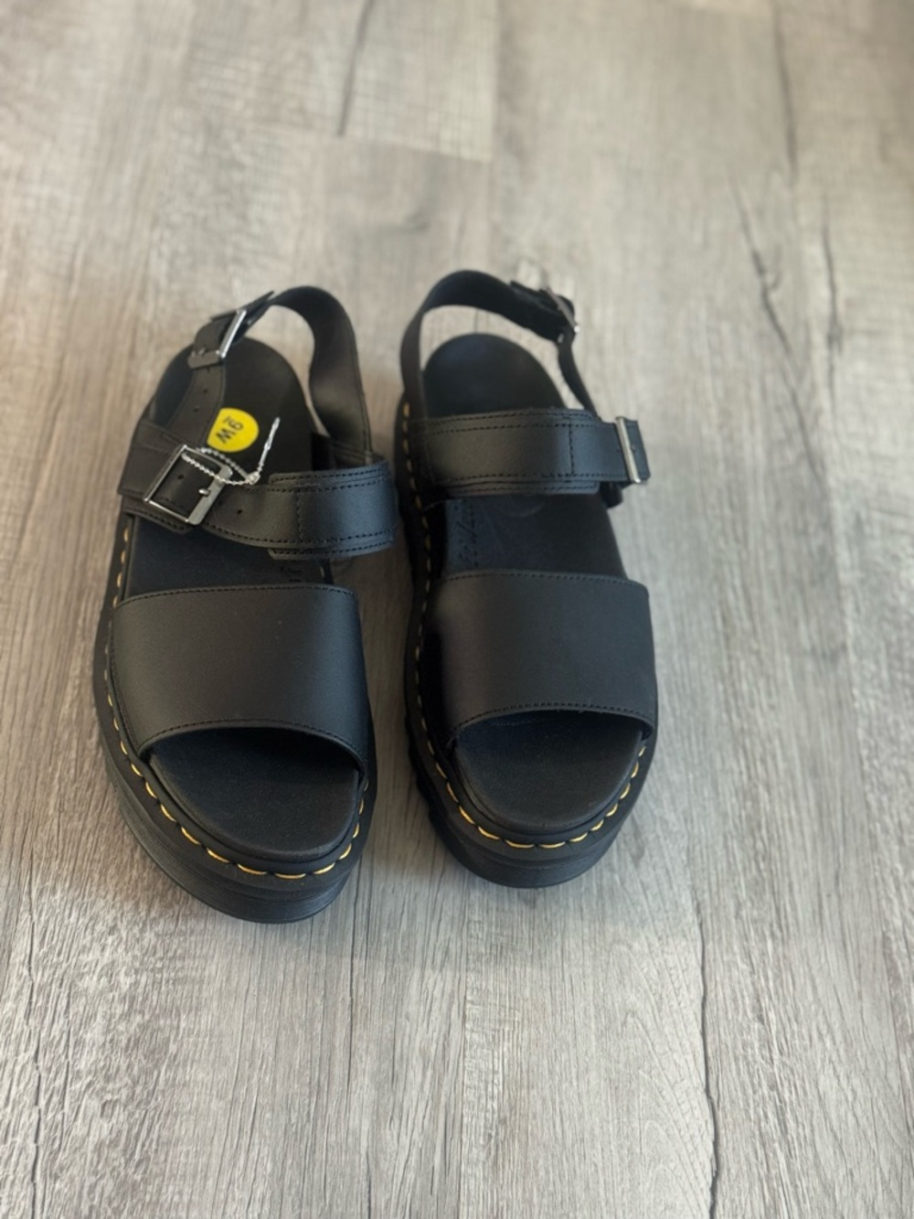 Dr. Martens Black Leather Platform Sandals with Yellow Stitching